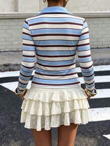 Atmospheric Blue White Brown Striped Polo Long Sleeve Slim Fit Cropped Vintage Contrast Color Knit Base Layer Top With Front Buttons T-Shirt For Daily Wear Autumn Winter - Light Sky Blue - View 2