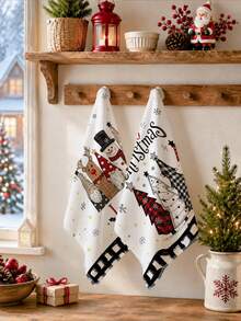 2pcs Christmas Cartoon Reindeer Snowman Christmas Tree Merry Christmas Illustration Pattern Kitchen Towels, Soft Polyester Material Dish Cloths, Suitable For Kitchen Decor, Kitchen Cleaning, Holiday Party Decoration, Kitchen Bathroom Supplies Home Essentials, Home Decor, Housewarming Gift - Multicolor - View 5