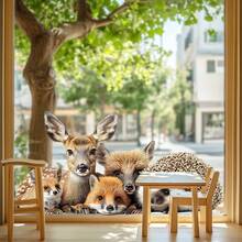 1pc Christmas Snowy Landscape Animal Window Sticker, Deer Fox Hedgehog Christmas Tree Snow Scene Glass Decor Sticker - Multicolor - View 6
