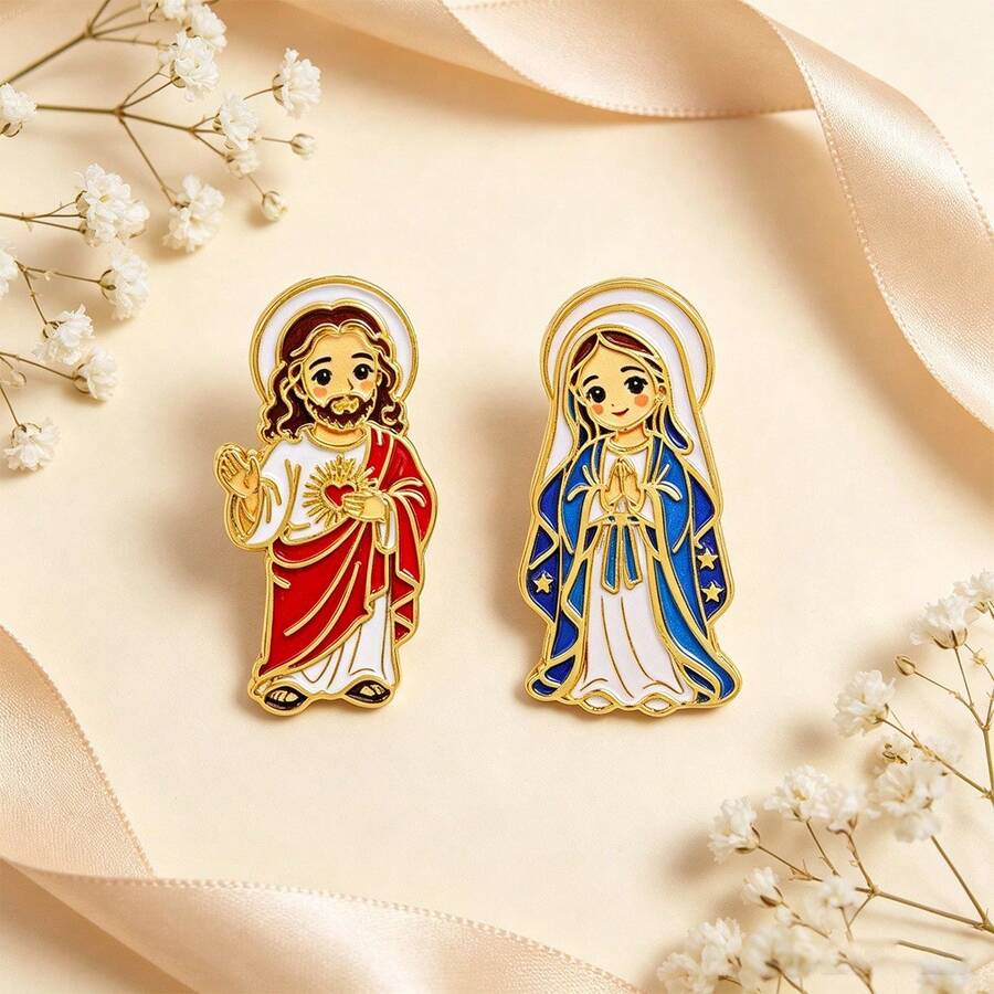 2pcs Virgin Mary & Jesus Brooch And Corsage Badge, Headscarf Pin, Cool Backpack Decoration, Gift For Friends - Multicolor - View 1