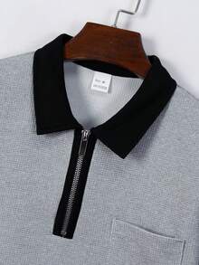 男士兩件套，半拉鍊拼色華夫領 Polo 衫 + 抽繩腰休閒長褲，舒適透氣時尚日常穿搭 - 灰色 - 查看 4
