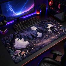 1pc Cute Ghost Moonlit Forest And Mushroom Print XL Gaming Mouse Pad, Whimsical Halloween Keyboard Desk Mat, Spooky Desk Decor - View 1
