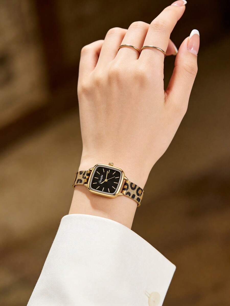 1pc Ladies' Square Retro Elegant Quartz Watch,Gold Alloy Case,Black Minimalist Dial,Leopard Print Metal Mesh Strap,Suitable For Daily Wear&Gift Giving - Black - View 1