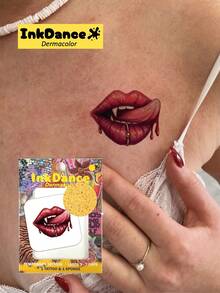 1 Set "Vampire Lips" Temporary Tattoo Stickers, Fake Tattoo, Gothic Y2K Red Dripping Lips, Waterproof, Body Art, Colorful, InkDance, Ink Dance, Easy To Apply And Remove CMNF013,Halloween Costume - Multicolor - View 1