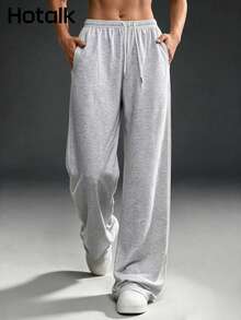 Hotalk Simple Sporty And Casual Straight-Leg Pants, Versatile Stretch Waist Drawstring Wide-Leg Casual Pants, Suitable For Casual Outdoor Sports. - Grey - View 2