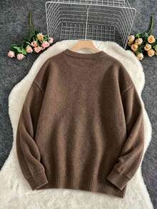 Women's Plus Size Brown Sweater, Cat Print, Autumn/Winter Long Sleeve Crew Neck Pullover - Brown - View 4