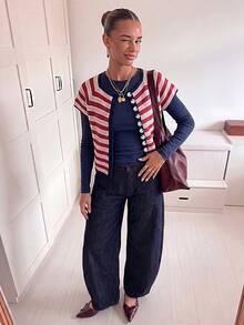 Women's Vintage Striped Button-Up Short Sleeve Knit Top. Red Summer - Red - View 5