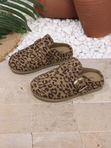 1 Pair Round Toe Leopard Print Fashion Relaxed Boho Slides, Closed Toe Shoes, Beach Shoes, Suitable For Daily Indoor/Outdoor Wear, Beach Travel, Camping And More - Mocha Brown - View 4