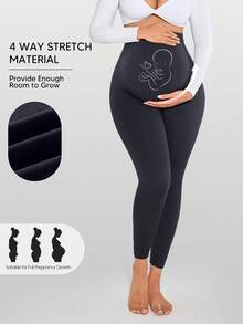 Maternity Support Leggings With Elastic Belly Band, Comfortable And Snug Fit, Supports Baby Bump - Black - View 2