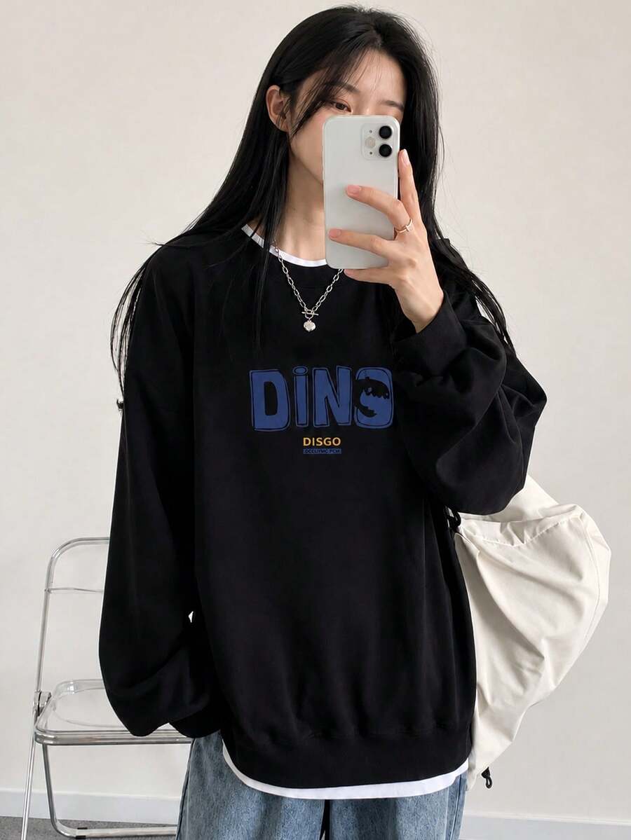 女款休閒寬鬆日文字印花運動衫,秋冬百搭黑色 - 黑色 - 查看 1