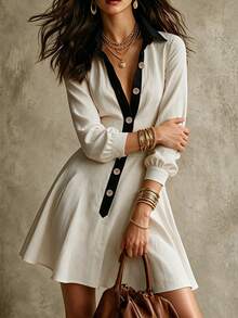 EARO Women's Vintage A-Line Short Dress, Long Sleeve Lapel Contrast Color Button Front, Casual Elegant Dress - Apricot - View 4