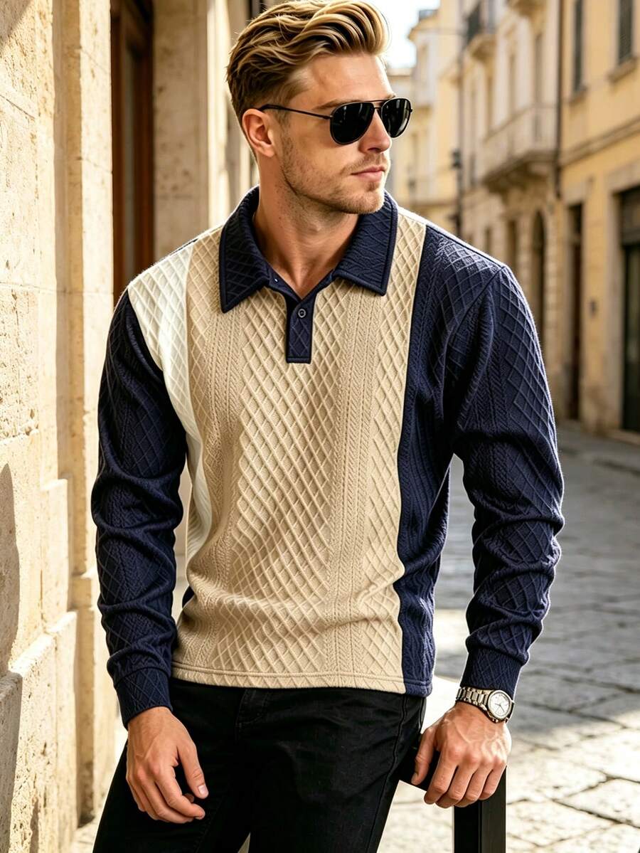 Top Polo Masculina de Manga Longa com Tecido Jacquard Texturizado em Losango 3D e Patchwork em Cores Contrastantes para Primavera/Outono - Azul - Visão 1