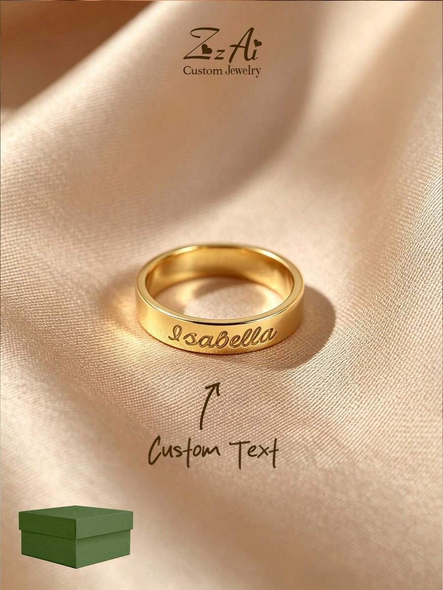 [ZzAi Custom]1pc Personalized Customized Ring, Plain Band Fashion Ring, Customizable Text, As A Love Gift, Also As A Matching Ring, A Ring Of Love - Multicolor - View 1