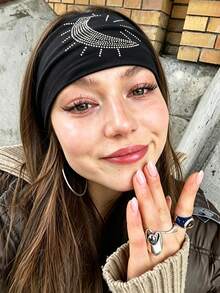 DUOJIAOYAN 1pc New Solid Color Wide Band Heavy Rhinestone Sun & Moon Print Elastic Breathable Sports Headband For Daily Workout Fitness Styling - Multicolor - View 3