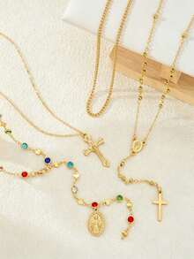 4pcs/Set Faux Gemstone Rhinestone Cross Necklace Set, Elegant Vintage, Daily Accessory For Women Summer Beach Dance Party Wear (Rhinestone Color Random) - Golden - View 7