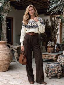 NiceArt Women's Loose Fair Isle Geometric Pattern Sweater With Faux Collar, Wool Blend, Elegant Vintage Style For Autumn/Winter, Suitable For Holiday, Office, Date, Party Wear - Multicolor - View 9
