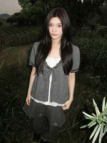 Blus Kemeja Kerah Berkerut Model Dua Potong Palsu Gaya Korea Serbaguna YCYC untuk Wanita - Hitam - View 2