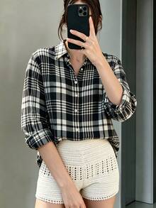 女款時尚格紋前扣領長袖襯衫，適合休閒、居家、辦公、度假、節日，春秋冬季穿著 - 黑與白 - 查看 6