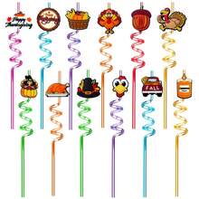 WJLLMYBAKING 12pcs Reusable Plastic Spiral Straws For Thanksgiving Party, Including Turkey/Pumpkin/Hat Patterns, Suitable For Thanksgiving Party Decoration And Small Gifts - Multicolor - View 8