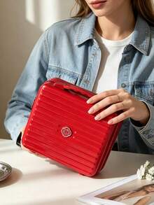 Shiseido Vintage Red Striped Hard Shell Makeup Box, Portable Mini Storage Luggage, Skincare And Cosmetics Organizer, Travel And Home Storage, Birthday And Holiday Gift - Red - View 3