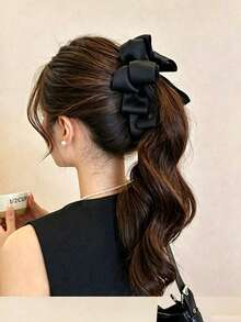 1pc Women's Shiny Satin Multi-Layer Bow Banana Clip, Fashionable Elegant Hair Accessory, Multiple Colors Available, Suitable For Various Occasions - Black - View 5