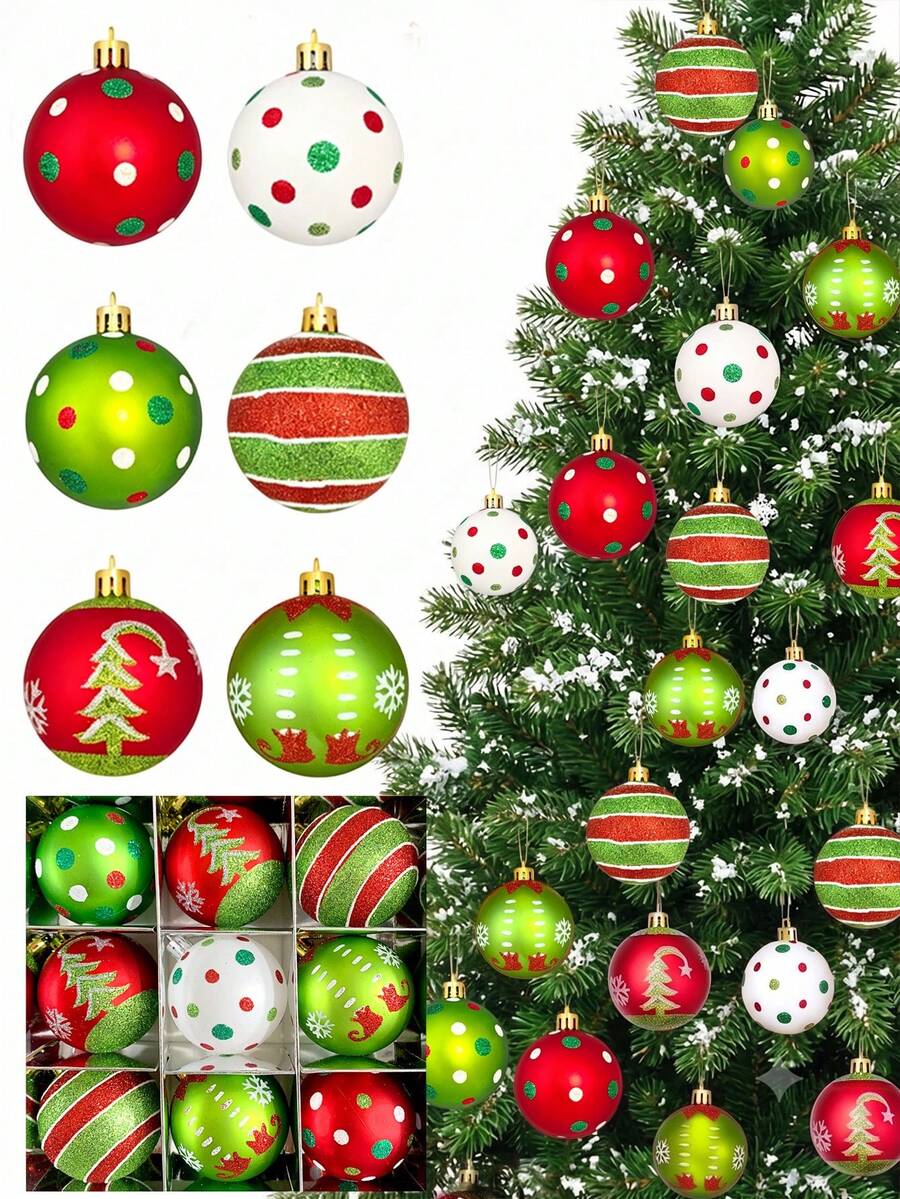 12pcs/Set Christmas Shatterproof Ball Ornament Set, 6cm Glitter Hanging Christmas Tree Balls, Red & Green Polka Dot Snowflake Christmas Tree Pattern Printed Pendants, Suitable For Holiday Party Home Fireplace Window Christmas Tree Decoration Gift - A - View 1