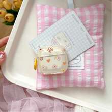 Milky Pastel Floral & Heart Bluetooth Earphone Protective Case, Compatible With Wireless Bluetooth Earphones, Transparent Milky TPU Soft Shell Material, High-Definition Embossed Printing Process, Scattered Colorful Floral & Heart Patterns On The Shell Surface, Red Orange Yellow Purple Color Palette Lively And Bright, Hand-Painted Style Playful And Cute. Wavy Edge Design Of The Outer Shell, Rounded Lines, Comes With A Small Bright Color Hanging Buckle, Can Be Matched With Various Hanging Decorations. - Clear - View 4