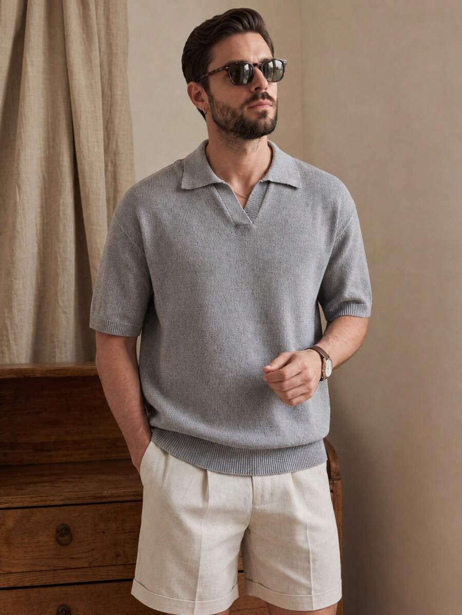 Men's Unisex Polo Collar Knit Short Sleeve Loose Fit Business Casual Versatile Commute Spring Summer - Grey - View 1