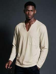 Camvyn Men's Spring/Autumn Thin Casual Versatile Comfortable Pocket Slim Fit Regular Shoulder V-Neck Long Sleeve T-Shirt - Apricot - View 1