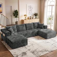 Sofá modular de lujo con forma de U, de 147 pulgadas, convertible en cama, con tapizado de pana, para sala de estar, cine en casa, villa, apartamento y estudio. No requiere montaje. - Gris Oscuro - Ver 8