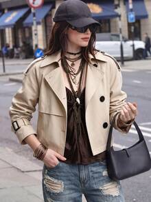 Women's Chic Cropped Trench Coat Classic Lapel Long Sleeve Button Front For Business, Office, Casual, Spring Summer Fall Winter - Apricot - View 3