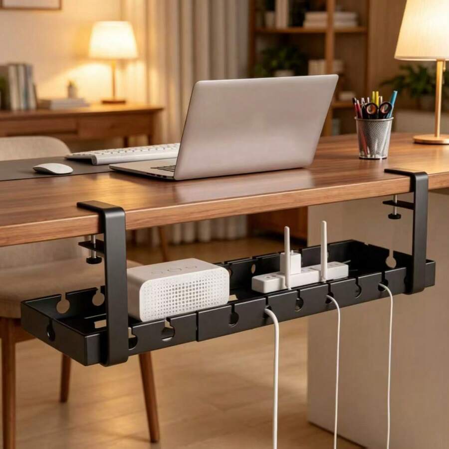 Upgraded Drill-Free Desktop Cable Management Tray, Home Storage Organizer - Suitable For Organizing Cables, Power Strip Brackets, And Equipped With Cable Ties And Mounting Clips. Wall-Mounted Hidden Cable Channel Rack, Adjustable Length Cable Shelf, Desktop Organizer Storage Rack, Router And Data Cable Bracket, Cable Management Box. Perfect For Home, Office, Desk, Bedroom And Living Room Use. - View 1