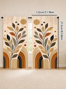 2Pcs Bohemian Autumn Leaf Arch Warm Brown Geometric Sun Polka Dot Print Pattern, Light Luxury Cozy Semi-Sheer Rod Pocket Window Curtains, Suitable For Living Room And Bedroom, Rod Not Included, Machine Washable - Warm Brown - View 12