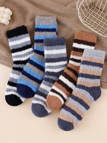 Random 5 Pairs Unisex Mid-Crew Socks - Stripe Color Block - Coral Fleece Thermal-Lined For Home Sleep Autumn Winter - Multicolor - View 1
