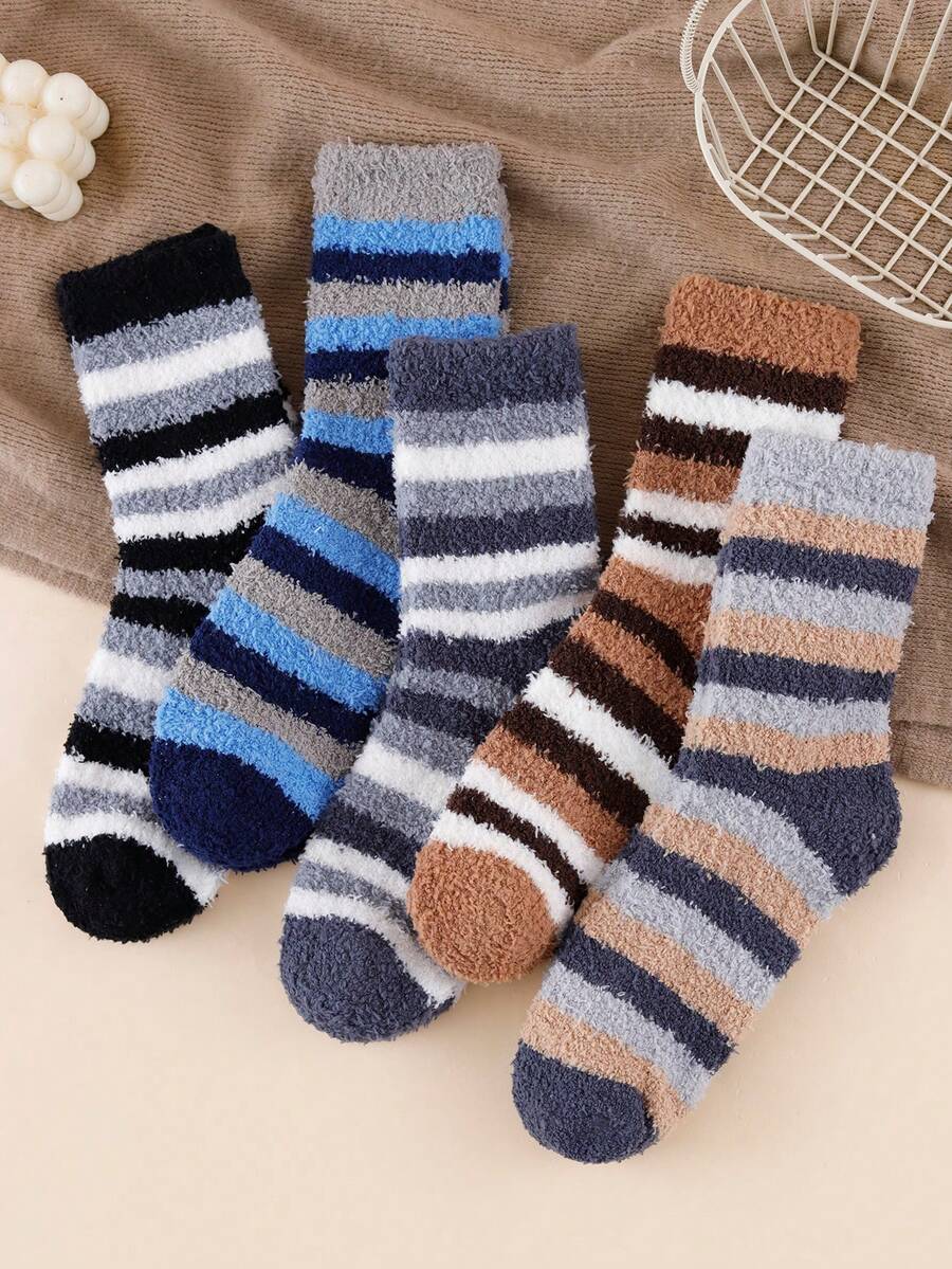 Random 5 Pairs Unisex Mid-Crew Socks - Stripe Color Block - Coral Fleece Thermal-Lined For Home Sleep Autumn Winter - Multicolor - View 1