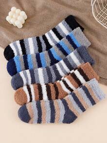 Random 5 Pairs Unisex Mid-Crew Socks - Stripe Color Block - Coral Fleece Thermal-Lined For Home Sleep Autumn Winter - Multicolor - View 4