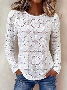 Women's Round Neck Semi-Sheer Lace Top, Minimalist Elegant Style, Suitable For Casual Daily Wear - White - View 1