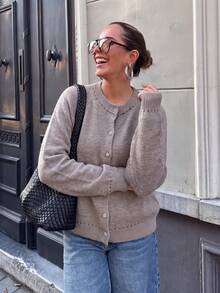 Women's Ribbed Trim Knit Cardigan, Loose Long Sleeve Button-Up Top, Suitable For Christmas, Halloween, Thanksgiving And Daily Wear - Grey - View 1