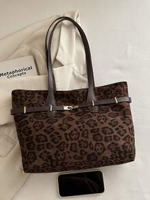 Tas Tote Wanita Motif Leopard Vintage, Dekorasi Gesper Logam Emas, Tas Tangan PU Kapasitas Besar, Cocok Untuk Kerja, Perjalanan, dan Perjalanan Sehari-hari. - Kopi - View 3