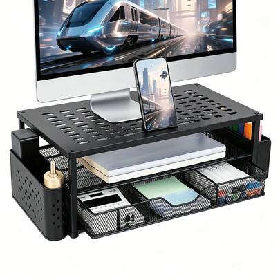 Desk Organizer And Accessories, 2-Tier Computer Monitor Stand Riser With Drawer And 2 Pen Holders, Laptop Stand, Office Desk Accessories For Office Supplies, Black