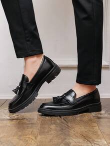 1 Pair Solid Color Basic Preppy Vintage Microfiber Leather Tassel Derby Shoes Thick Sole Outdoor Office Wedding School Spring Autumn - Black - View 6