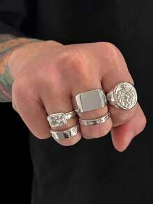 5pcs Vintage Style Unisex Ring Set, Gold Coin Stamp & Rhinestone Design, Punk Luxury Multi-Layer Stackable Index Finger Rings Accessories - Silver - View 1
