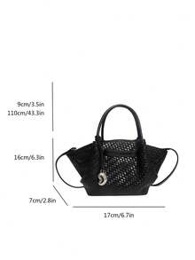 1pc Black Woven Texture Hanging Decor Zipper Large Capacity Handbag Crossbody Bag Minimalist Commuter Style Women's Bag Suitable For Daily Outings Autumn/Winter - Black - View 10