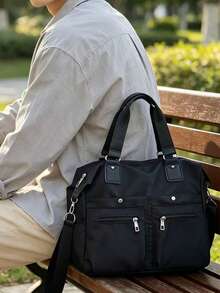 Men's Black Waterproof Nylon Briefcase Large Capacity Multi-Pocket Laptop Shoulder Bag Business Work Office Handbag For Daily Commute Travel - Black - View 8