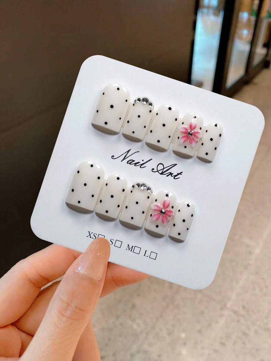 YINZIJIA 10 Pieces, White Background Handmade Flower Carving Patting Gradient Dots, Short Square Pure Handmade Nail Art Set, Suitable For Daily And Holiday Wear Of Girls And Women, Including 1 Nail File And Jelly Glue - Multicolor - View 1