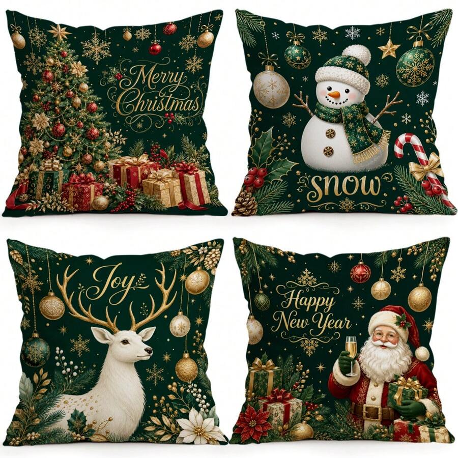 4pcs/1pc Green Christmas Theme Pattern Pillowcase Without Insert, Single-Sided Printed Pillowcase, Suitable For Living Room Bedroom Home Decor, All-Season Pillowcase - Multicolor - View 1
