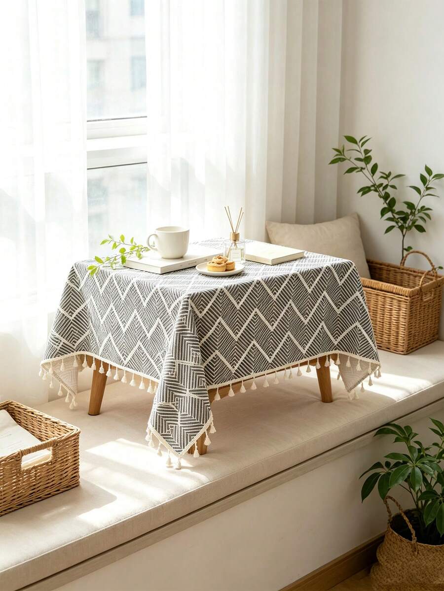 MineLain 1pc European Minimalist Grey Wavy Pattern Small Square Tablecloth, Beige Tassel Decoration, Bedside Table, Small Table Cover, Easy To Carry, Tabletop Decor, Room Decor, Daily Home Decor, Suitable For Bedroom, Living Room, Study, Picnic, Camping, Outdoor Decor, All Season, Autumn Decor - Grey - View 1