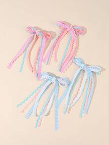 4Pcs Plaid Bow Tassel Hair Clips For Girls Flower Girl Wavy Ribbon Alligator Clips Sweet Daily Party Girls Hair Accessories Hair Accessories For Kids - Multicolor - View 5