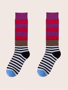 1 Pair Vintage Colorful Contrast Stripe Knit Calf Socks, Fashionable Versatile Daily Calf Socks - Multicolor - View 6