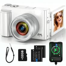 Nicamery 4K 數位攝影機 48MP 自動對焦 180° 3英吋翻轉螢幕 自拍 Vlog 攝影機 16倍數位變焦 高畫質 防手震 便攜旅行攝錄機 防手震補光燈 附 32GB 記憶卡與 2 顆電池 - 白色 - 查看 2